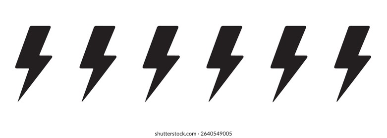 Six Identical Black Lightning Bolt Icons Horizontal Row