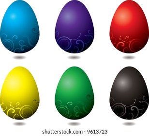seis huevos de pascua ilustrados con un diseño floral