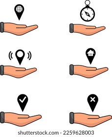seis ilustraciones de geolocalización sobre un fondo transparente