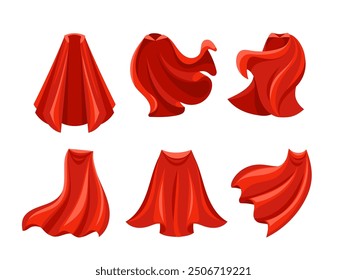 Six illustrations of a red superhero cloak, moving in the wind and suitable for comic books or fantasy