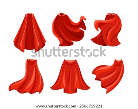 Six illustrations of a red superhero cloak, moving in the wind and suitable for comic books or fantasy