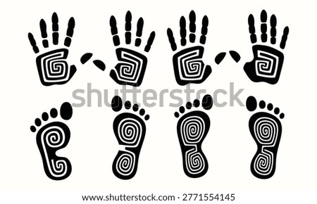 Six imprints – four hands and two feet – display intricate spiral designs in a stark black and white composition.