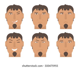 Six individuals with different emotions. Anger, joy, intrigue, calm indifference. White background. Performed flat.