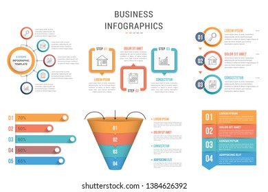 Six infographic templates for web, business, presentations - steps, options, funnel diagram, bar graph, vector eps10 illustration