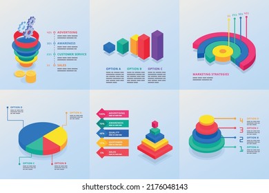 Six infographics templates for marketing presentation with funnel pyramid and circle multicolored diagrams isometric vector illustration