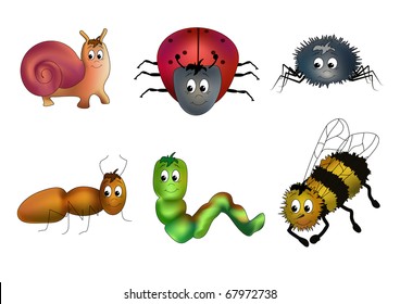 Six insects - snail, ladybird, spider, ant, caterpillar and bee - child-like drawn with faces