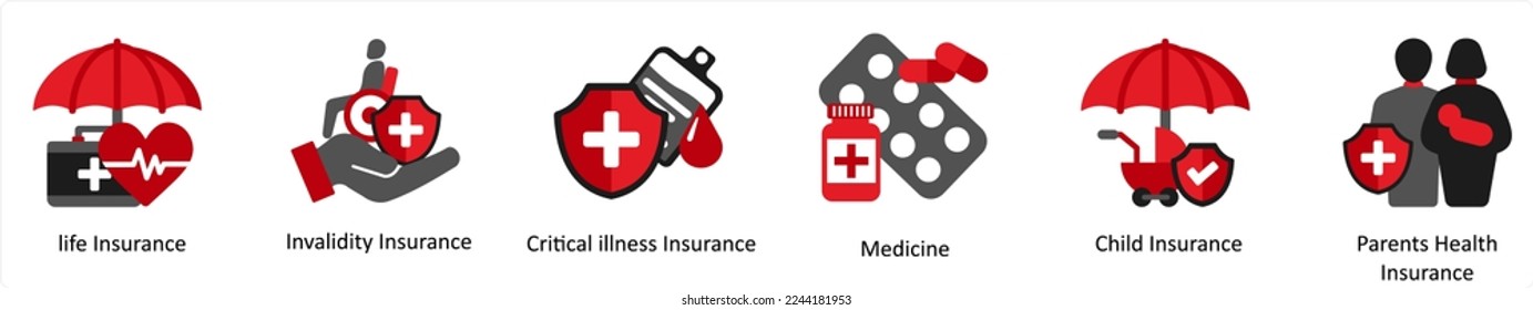 Six insurance icons in red and black as life insurance, invalidity insurance, critical illness insurance