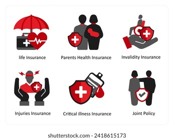 Six insurance icons in red and black as life insurance, parents health insurance, invalidity insurance