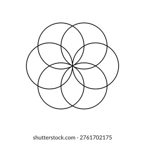 Six intersecting circles. Circle Venn diagram with six parts. Infographic chart line icon. 6 overlap balance elements diagram. Vector illustration isolated on white background.