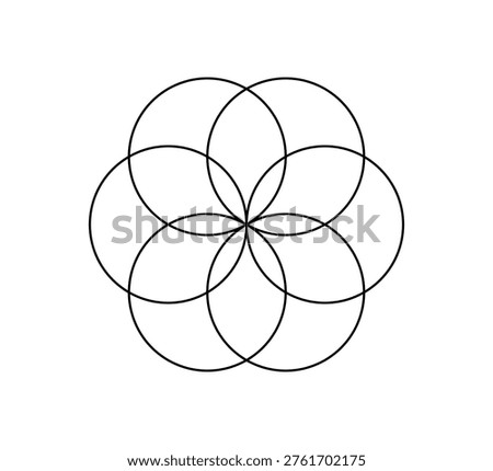 Six intersecting circles. Circle Venn diagram with six parts. Infographic chart line icon. 6 overlap balance elements diagram. Vector illustration isolated on white background.