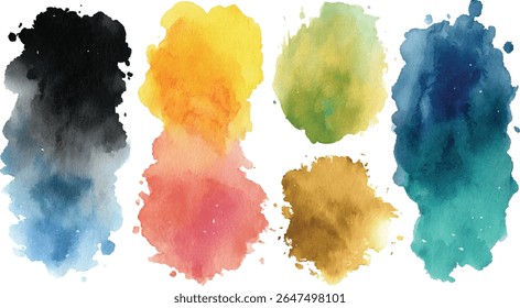 Six irregular watercolor blots in varying shades of black yellow green blue coral and gold against a white background. The colors are vibrant and the textures organic.