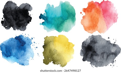 Six irregularly shaped watercolor blobs in various colors including teal, blue, yellow, orange, pink and black on white background