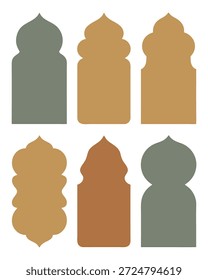 Six Islamic arches in muted tones present a captivating geometric design, showcasing cultural architectural elements.