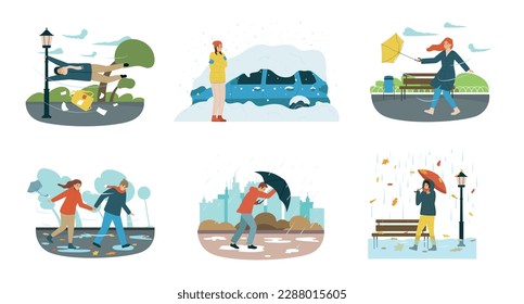 Six isolated bad weather people flat composition set with different situations happen to people because of the strong winds and rain vector illustration