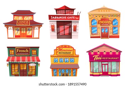 Six isolated buildings, traditional world cuisines restaurants and cafes. Vector facade exterior design illustration. Cafeterias with chinese and japanese, indian and french, mexican and thai food