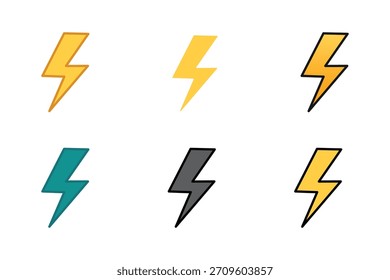 Six isolated cartoon lightning bolt icons in various colors on transparent background