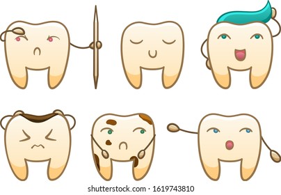 Six isolated cartoon teeth set for International Dentist Day. White background, vector.