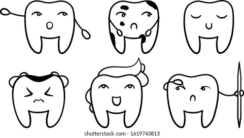 Six isolated cartoon teeth set in black lines for International Dentist Day. White background, vector.
