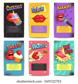 Six isolated comic lips party colorful mini posters set for entertainment promotional purposes with editable text vector illustration