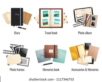 Six isolated compositions of memories books diaries photo albums travel book photo frames cartoon vector illustration