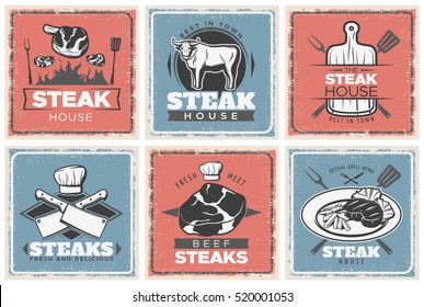 Six isolated vintage steak house mini poster set with best in town fresh meet and special grill menu descriptions vector illustration