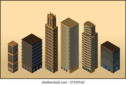 seis edificios isométricos - vectores - objetos aislados