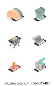 Six isometric illustrations depicting some smartphone usage scenarios