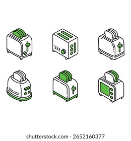 Seis Ilustrações Isométricas de torradeiras Modernos aparelhos de cozinha Acentuações Verdes Estilo Limpo