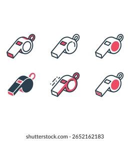 Seis ícones de apito isométrico branco vermelho e cinza escuro Variações Estilo de arte de linha moderna Esporte e conceito árbitro
