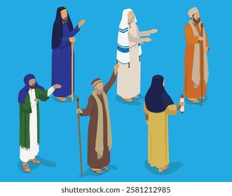 Seis homens israelenses vestidos como líderes religiosos do Novo Testamento dos dias de Jesus em perspectiva isométrica - fácil de reorganizar e editar