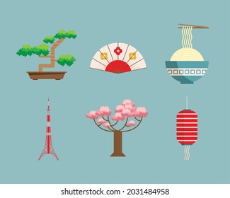 six japan country culture set icons