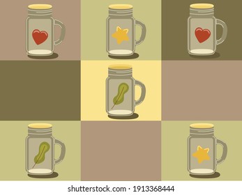 Six jars with red hearts, yellow stars and green leaves inside.  