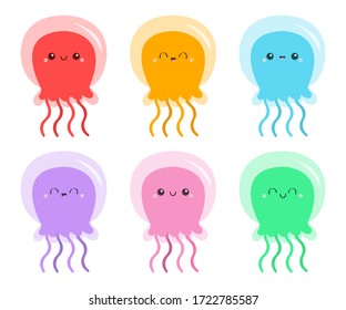Six jellyfish icon set. Cute cartoon kawaii funny baby character. Pink green blue purple color. Smiling face. Sea ocean animal. Kids tshirt, notebook cover print. White background. Flat design. Vector