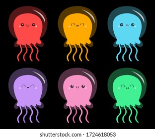 Six jellyfish icon set. Cute cartoon kawaii funny baby character. Pink green blue purple color. Smiling face. Sea ocean animal. Kids tshirt, notebook cover print. Black background. Flat design. Vector