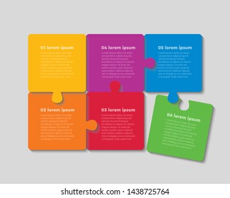 Six jigsaw puzzle pieces web banner template with text space. Puzzle parts isolated vector illustrations set. Business presentation, creative data visualization idea. Square frames with copyspace