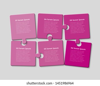 Six jigsaw puzzle pieces web banner template with text space. Puzzle parts isolated vector illustrations set. Business presentation, creative data visualization idea. Square frames with copyspace