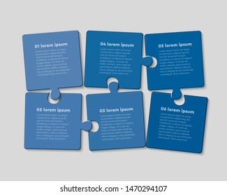 Six jigsaw puzzle pieces web banner template with text space. Puzzle parts isolated vector illustrations set. Business presentation, creative data visualization idea. Square frames with copyspace