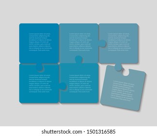 Six jigsaw puzzle pieces web banner template with text. Puzzle parts isolated vector illustrations set. Business presentation, creative data visualization idea. Square frames with copyspace