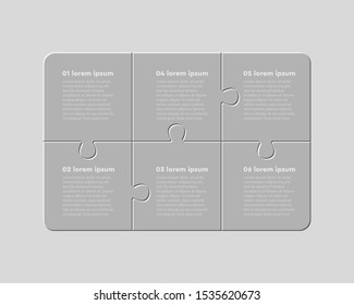 Six jigsaw puzzle pieces web banner template with text space. Puzzle parts isolated vector illustrations set. Business presentation, creative data visualization idea. Rectangle frames with copyspace