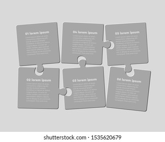 Six jigsaw puzzle pieces web banner template with text space. Puzzle parts isolated vector illustrations set. Business presentation, creative data visualization idea. Square frames with copyspace