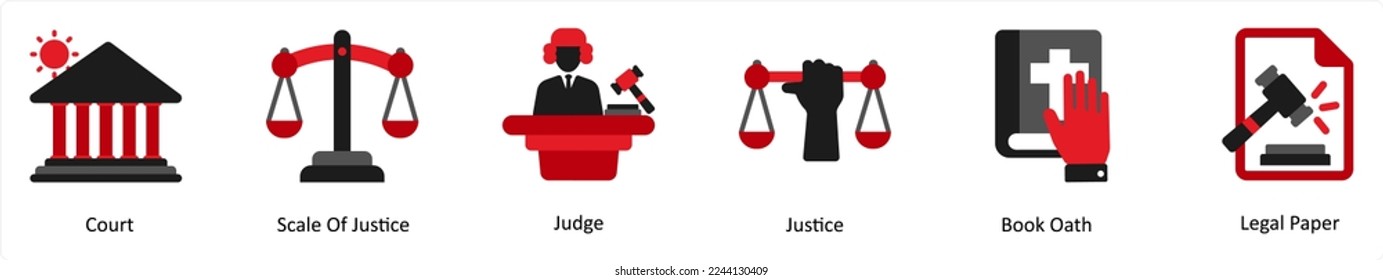 Six justice icons in red and black as court, scale of justice, judge