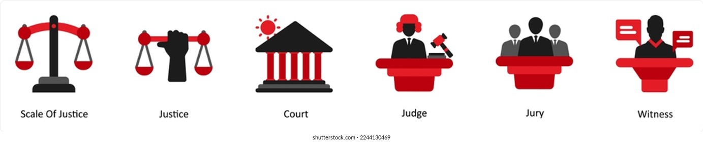 Six justice icons in red and black as scale of justice, justice, court