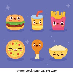 six kawaii food comic character