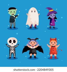 seis niños con clientes de halloween