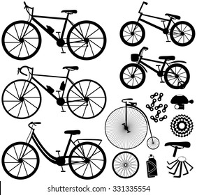 Six kinds of bicycles: mountain (or cross-country), road ,city, bmx, kids and penny farting bike (or retro, vintage). And some bike accessories. Vector illustration.