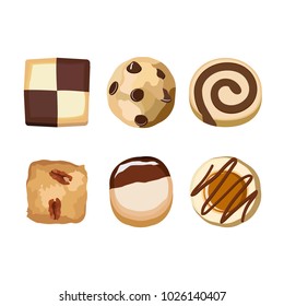 Six kinds of cookies; chocolate chips cookies; caramel; pinwheel cookies; short bread; butter cookies 