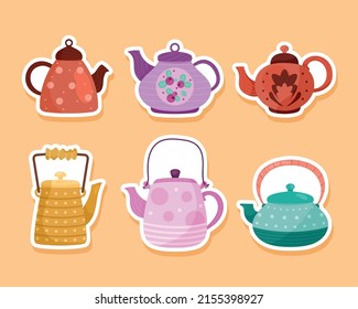 six kitchen teapots set icons