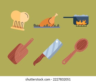 six kitchen utensils set icons