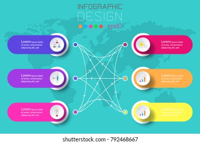Six labels with business icon and world map background infographics.