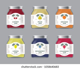 Six labels fruit jam. Labels, cherry, pear, orange, lemon, dewberry, strawberry jam labels and packages. Premium design. The flat original illustrations and texts on the minimalist labels on the jars 